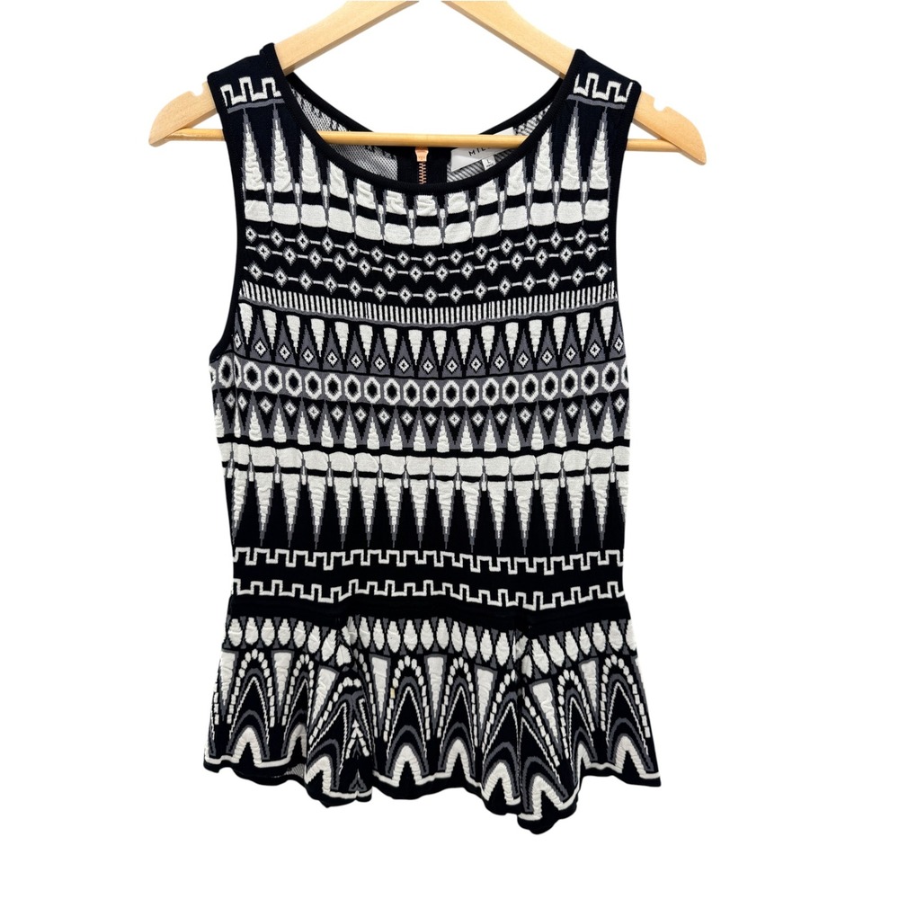 Milly Womens Black White Geometric Intarsia Peplum Knit Sleeveless Top Large